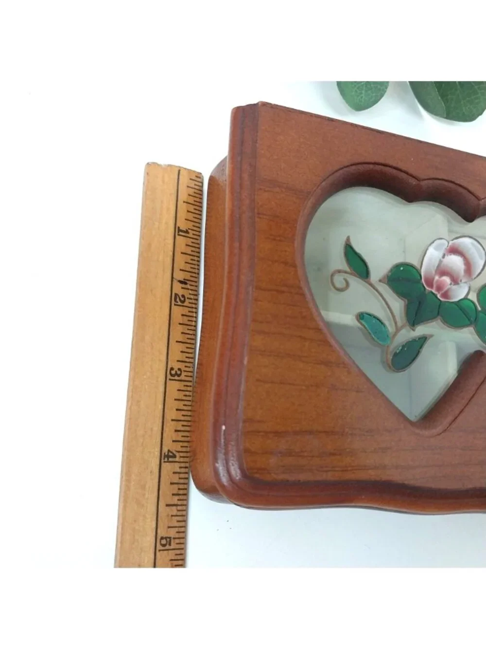 Heart-Shaped Wooden Jewelry Box Stained Glass Style Flower Inlay
